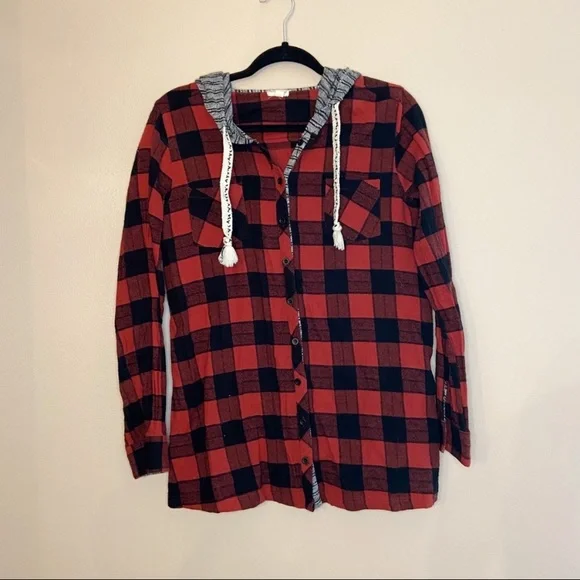 HEM & THREAD RED & BLACK PLAID FLANNEL BUTTON DOWN SHIRT WITH HOOD - Picture 1 of 5